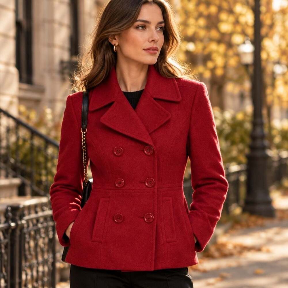 Nine West Wool Pea Coat Size 14 Red Double Breasted Jacket